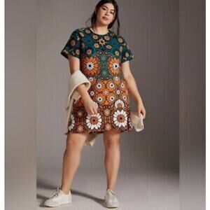 Anthropologie Teal and Rust Floral Shift Dress